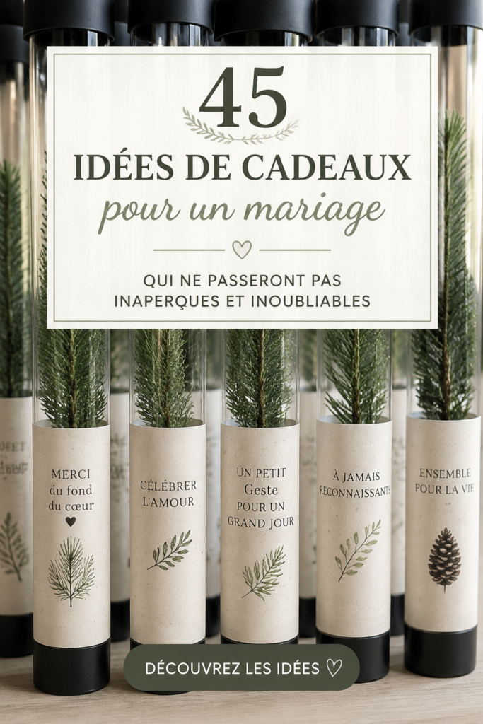 Idées de cadeaux de mariage personnalisés sur une table décorée