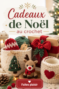 Cadeaux de Noël au crochet, incluant écharpes colorées et jouets douillets.