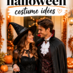 Couple déguisé en costumes originaux pour Halloween, avec des accessoires illuminés.