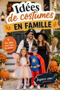 Une famille joyeuse portant des costumes créatifs pour une fête déguisée.