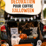 Coffre décoré avec des thèmes Halloween, citrouilles et toiles d'araignées.