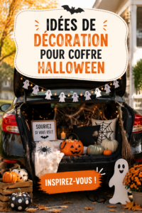 Coffre décoré avec des thèmes Halloween, citrouilles et toiles d'araignées.
