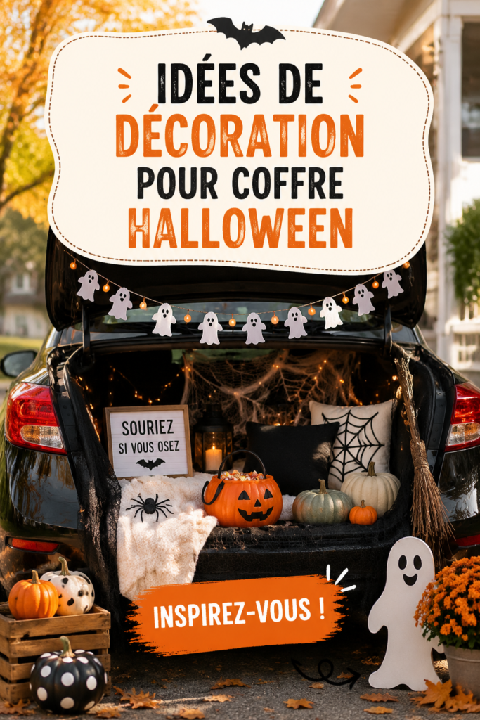 Coffre décoré avec des thèmes Halloween, citrouilles et toiles d'araignées.