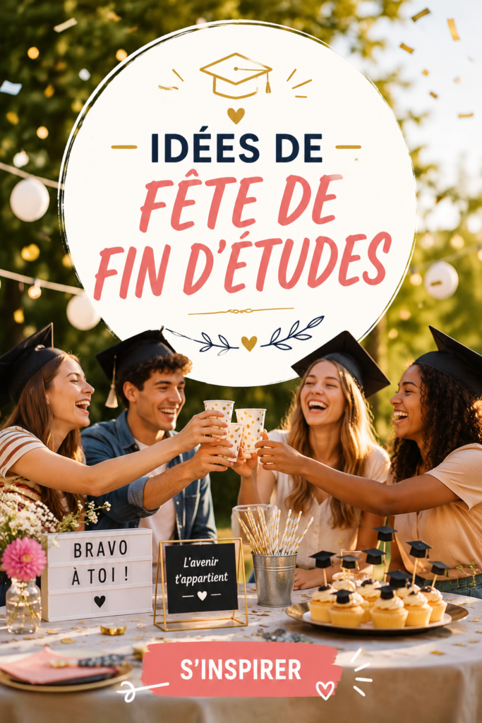Groupe d'étudiants célébrant lors d'une fête de fin d'études avec des décorations festives.