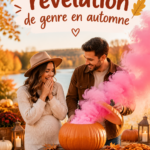 Un décor coloré d’automne pour un gender reveal avec des feuilles et des ballons.