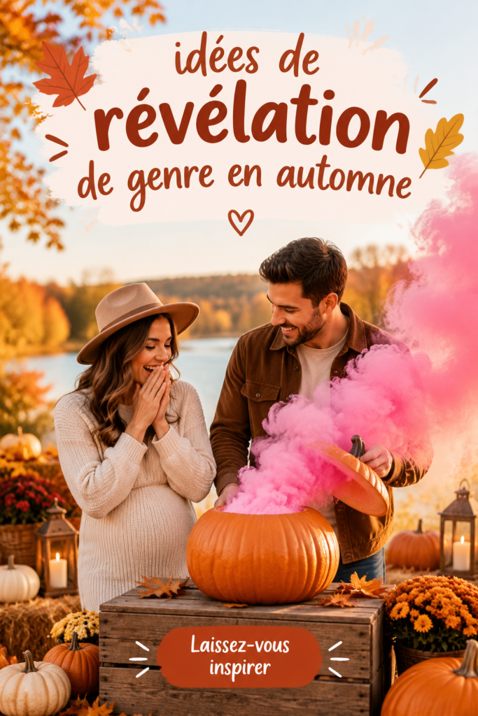 Un décor coloré d’automne pour un gender reveal avec des feuilles et des ballons.