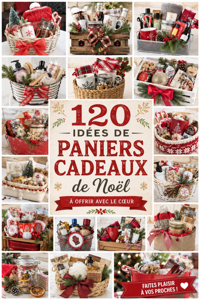 Un joli panier cadeau DIY décoré pour Noël, rempli de douceurs et de surprises.