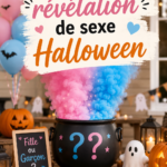 Fête d'Halloween thème révélation de sexe avec décorations créatives et joyeuses.