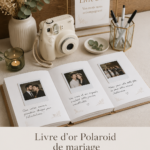 Livre d'or photo mariage avec des instantanés Polaroid sur une table de réception.