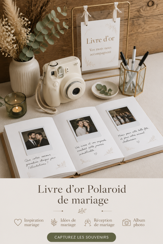 Livre d'or photo mariage avec des instantanés Polaroid sur une table de réception.