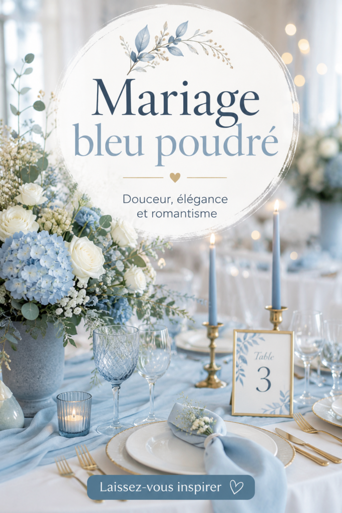 Décoration de mariage en bleu poudré avec des fleurs et des détails élégants.