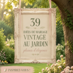 Élégante décoration de mariage vintage dans un jardin, avec des fleurs et des lumières douces.