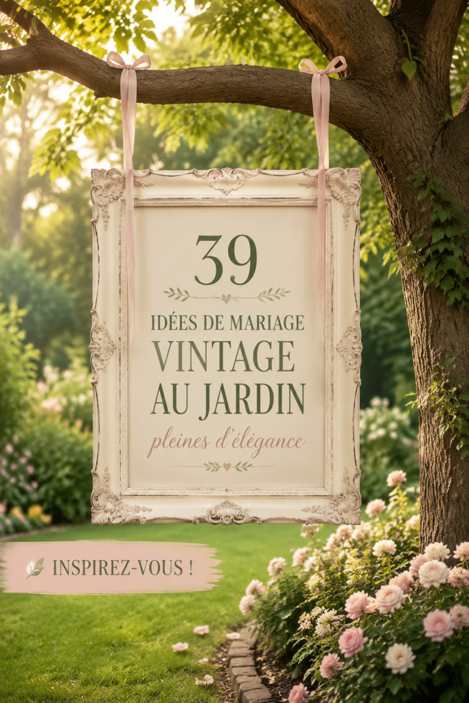 Élégante décoration de mariage vintage dans un jardin, avec des fleurs et des lumières douces.