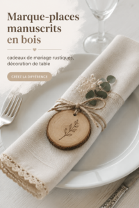 Exemple de marque-places en bois personnalisés pour un mariage rustique.