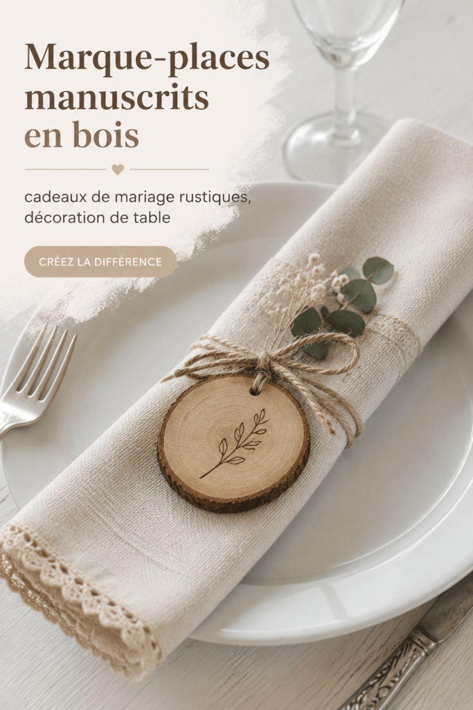 Exemple de marque-places en bois personnalisés pour un mariage rustique.