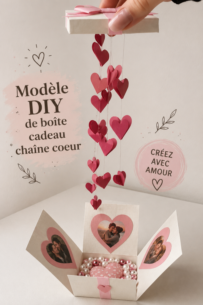 Boîte cadeau en forme de cœur, modèle DIY avec décorations colorées.