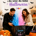 Une fête Halloween avec des décorations festives et une annonce de sexe de bébé.