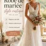 Robe de mariée rustique en dentelle avec des fleurs sauvages en arrière-plan.