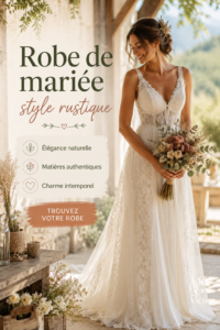 Robe de mariée rustique en dentelle avec des fleurs sauvages en arrière-plan.