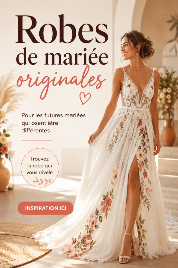 Robe de mariée originale en dentelle avec des détails colorés