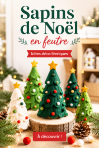 Un sapin de Noël en feutre décoré avec des ornements colorés.