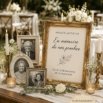 Un signal de mémoire élégant avec des fleurs qui célèbre l'amour lors d'un mariage.