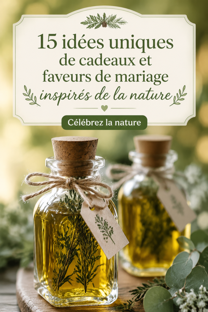 Un ensemble de souvenirs de mariage inspirés de la nature sur une table en bois