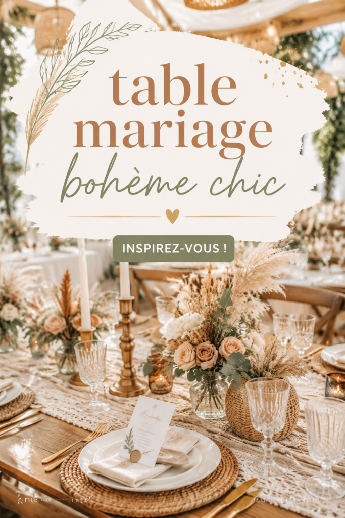 Table de mariage bohème chic avec décoration florale et élégante.
