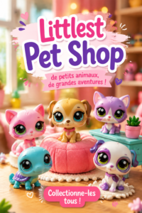 Collection variée de figurines Littlest Pet Shop sur une étagère colorée.