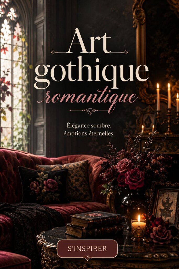 Intérieur décoré dans un style gothique romantique avec des tons sombres et des éléments artistiques.