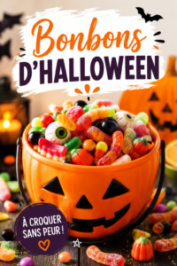 Table d'Halloween décorée avec des bonbons colorés et originales, créant une ambiance festive.