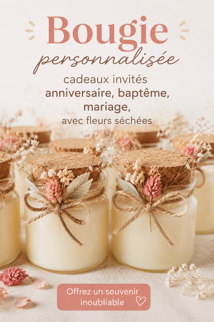 Bougies personnalisées avec fleurs séchées pour événements spéciaux.