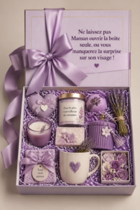 Cadeau soigneusement emballé pour une maman heureuse, prêt à être ouvert.