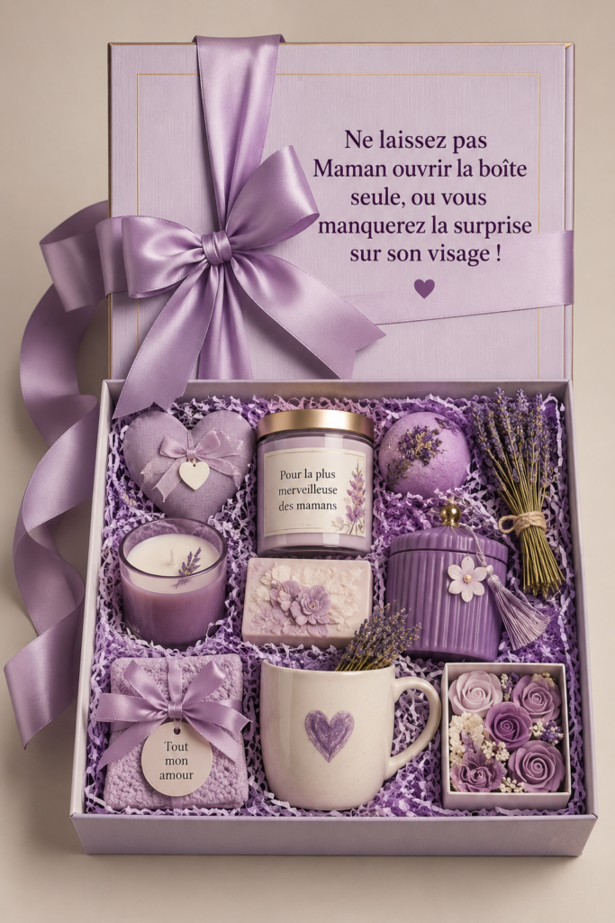 Cadeau soigneusement emballé pour une maman heureuse, prêt à être ouvert.