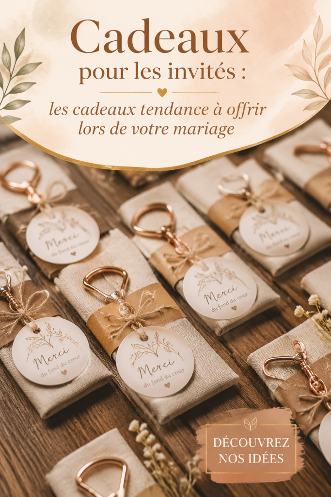 Cadeaux tendance pour les invités de mariage, présentés sur une table élégante.