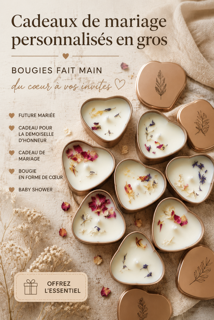 Bougies faites main personnalisées pour un mariage, décorées avec élégance.