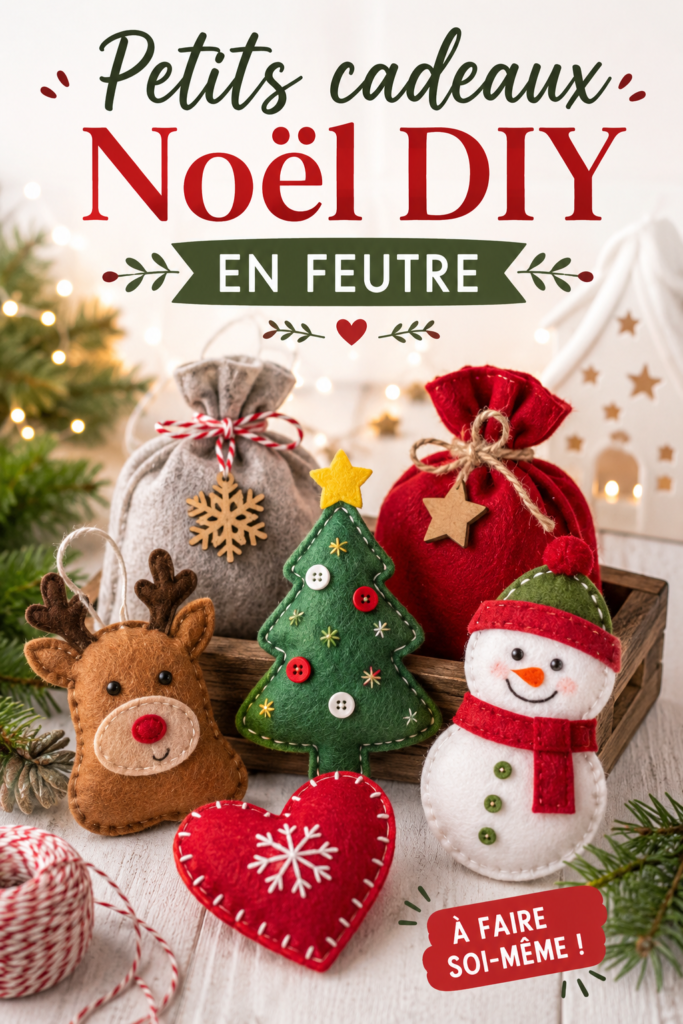 Des cadeaux de Noël en feutre colorés présentés sur une table