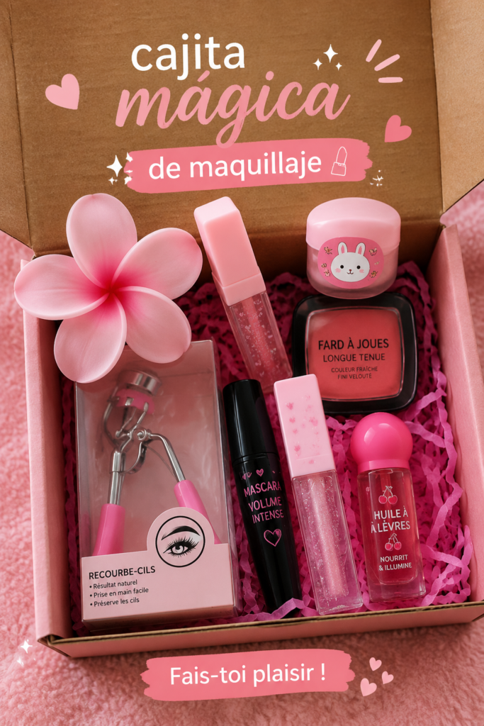 Une cajita de maquillage en bois chic et coloré avec des produits de beauté bien organisés.