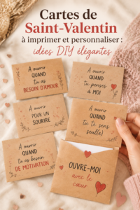 Cartes de Saint-Valentin DIY élégamment imprimées sur un bureau.