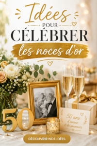 Couple célébrant leurs noces d'or entouré d'amis et de famille.