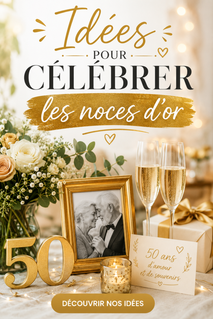 Couple célébrant leurs noces d'or entouré d'amis et de famille.