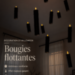 Chandeliers flottants créés pour décorer une soirée Halloween, illuminés par des bougies.