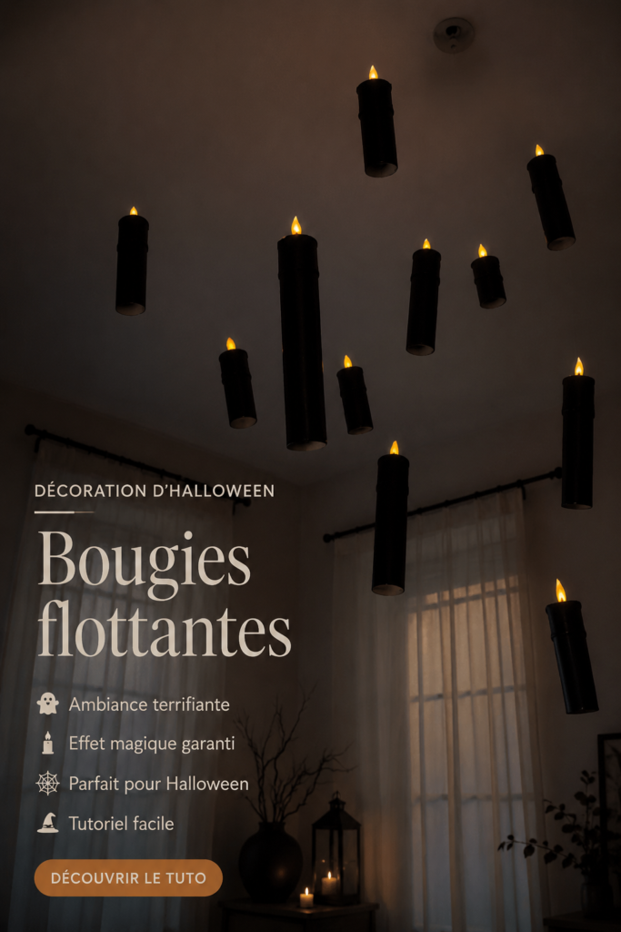 Chandeliers flottants créés pour décorer une soirée Halloween, illuminés par des bougies.