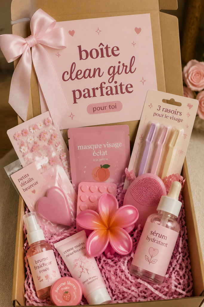 Image d'une femme présentant sa Clean Girl Box avec des produits de beauté minimalistes.