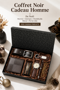Coffret cadeau élégant pour homme avec montre, ceinture et portefeuille.