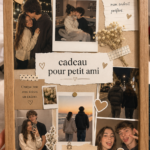 Un collage photo coloré réalisé avec des souvenirs de couple, parfait pour un cadeau pour votre copain.