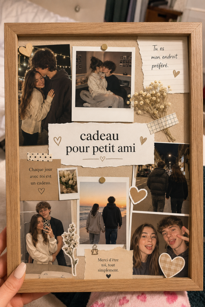 Un collage photo coloré réalisé avec des souvenirs de couple, parfait pour un cadeau pour votre copain.