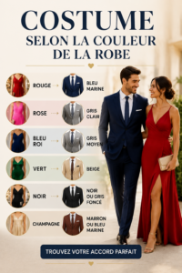Costume de marié assorti à la couleur de la robe de mariée.