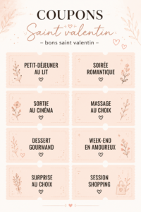 Un assortiment de coupons de réduction pour la Saint Valentin sur un fond romantique.