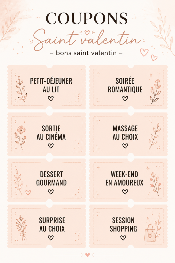 Un assortiment de coupons de réduction pour la Saint Valentin sur un fond romantique.